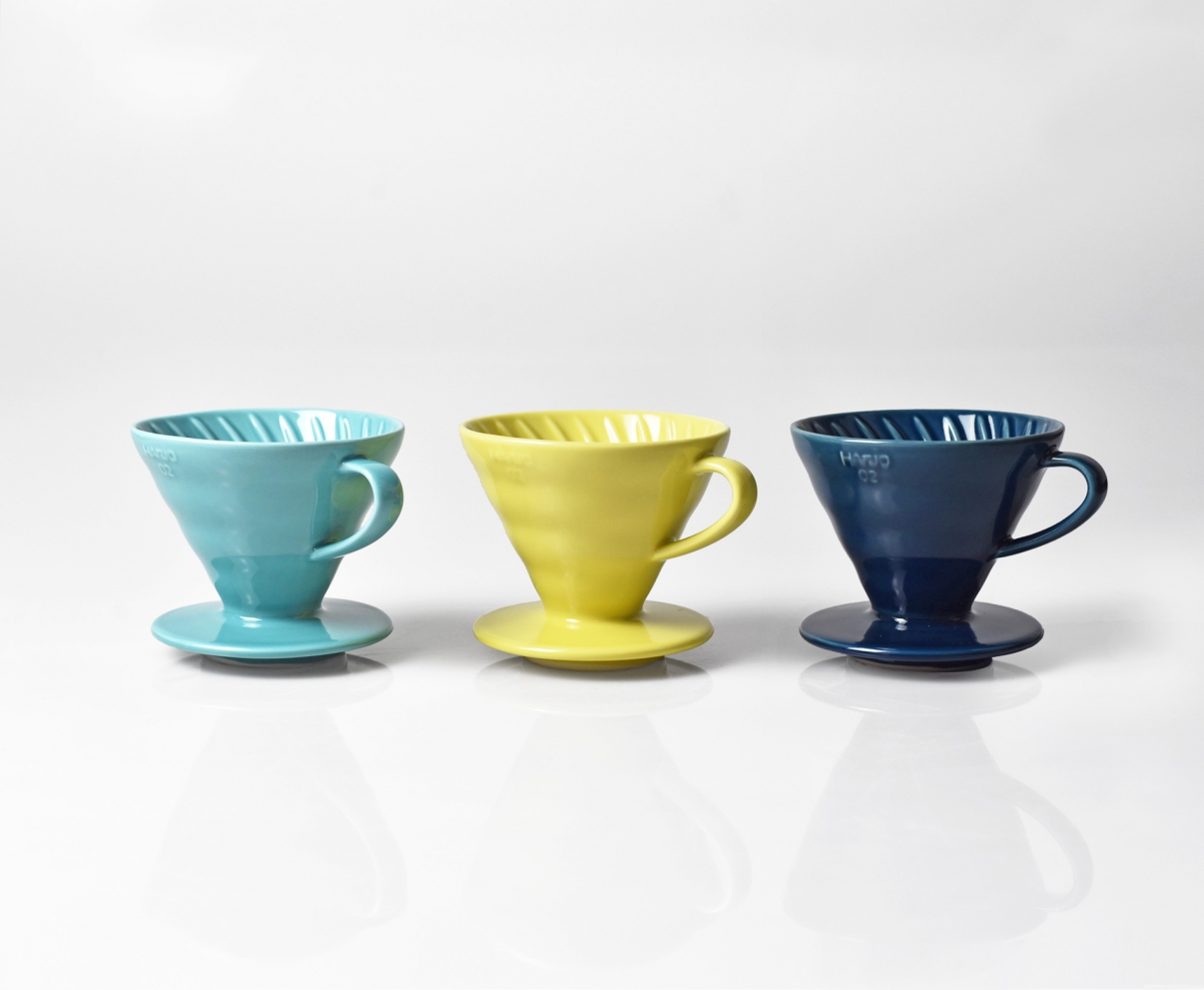 The Coffee Officina Hario V60 Ceramic Dripper Turquoise Yellow and Indigo Blue