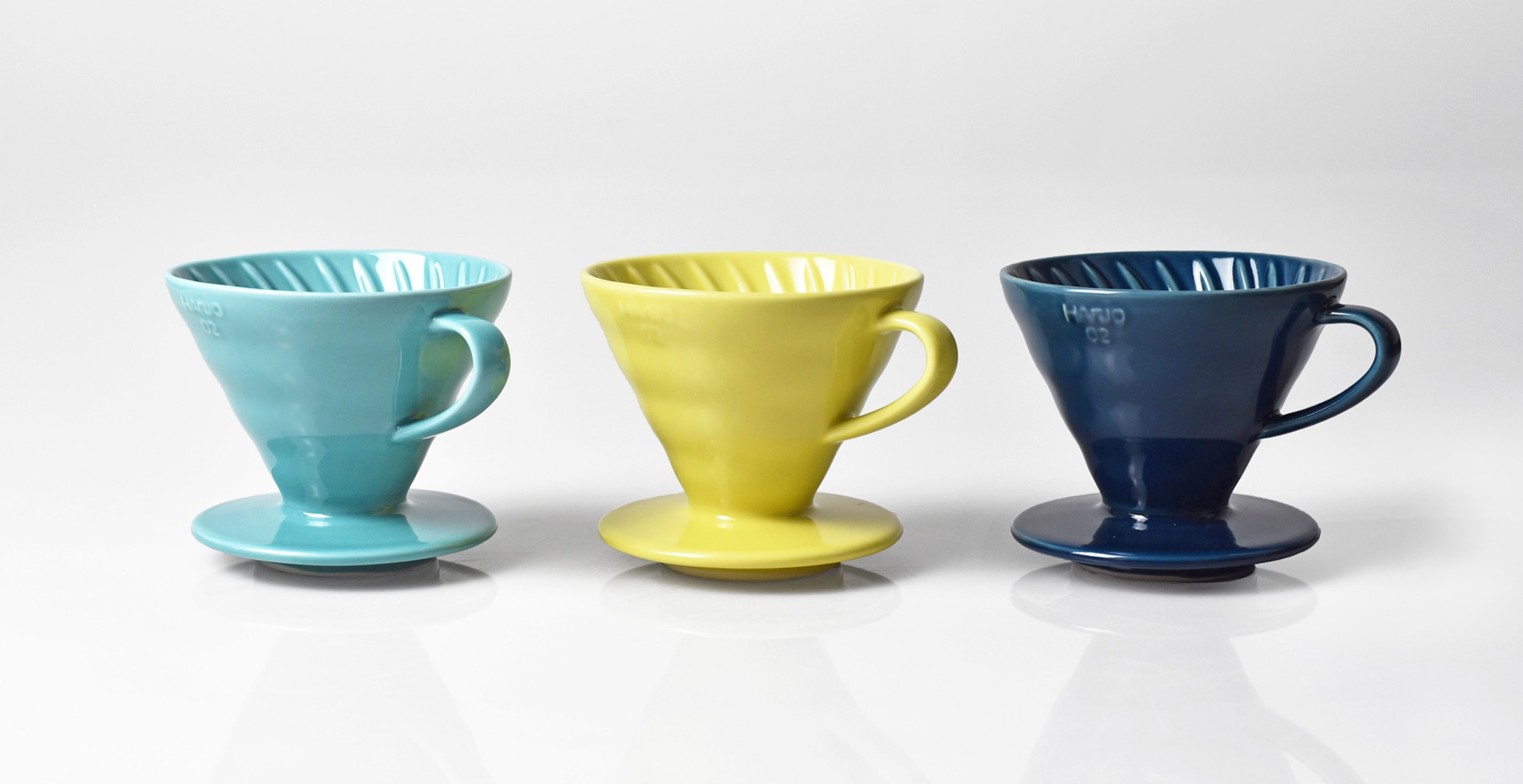 The Coffee Officina Hario V60 Ceramic Dripper Turquoise Yellow and Indigo Blue